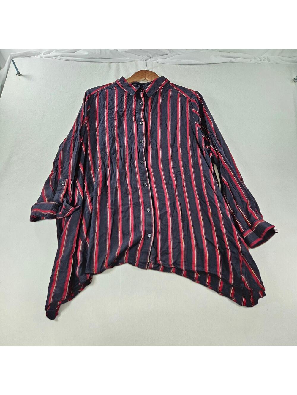Avenue Striped Button Front Shirt 22/24 Plus Size Navy Blue Red Long Sleeve